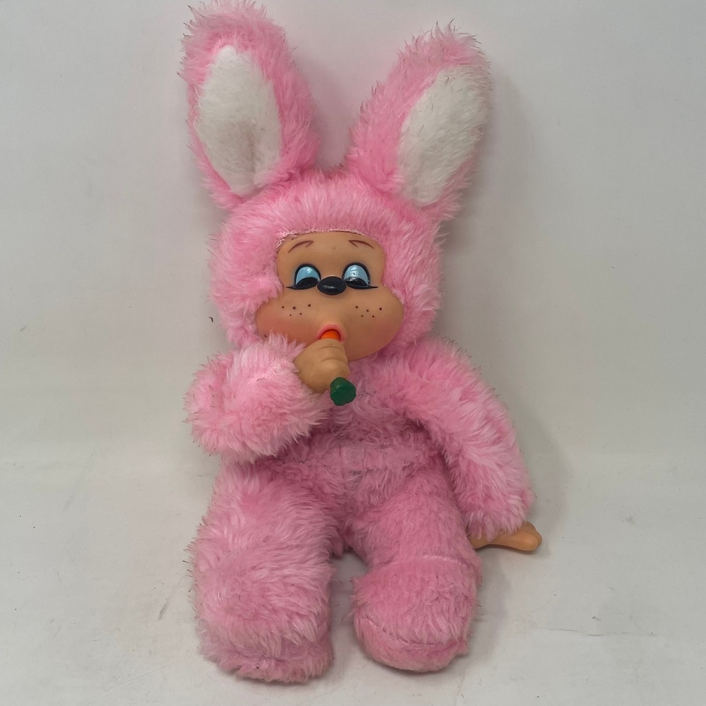 Vintage 1977 Russ Berrie Bon Bon‎ Pink Bunny Plush Vinyl Face Carrot 12 Inch
